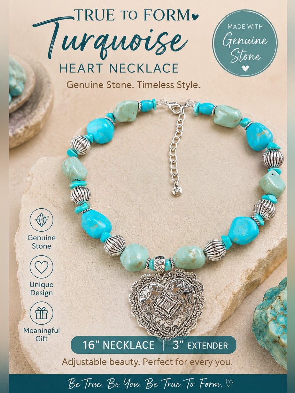 True To Form Turquoise Heart Necklace with Silver Filigree Pendant - NIB